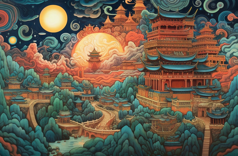 寺庙国风繁华流云星空满月月亮橙色异域风情插画,插画/手绘图,插画/手绘图库,插画/手绘图下载,插画/手绘